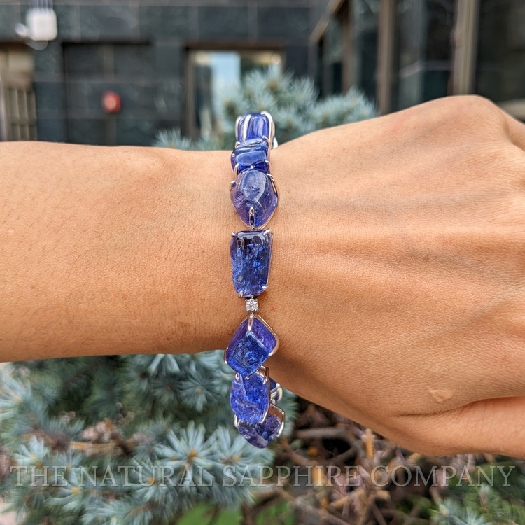 108.83 Ct.Tw. Violetish Blue Tanzanite and Natural Diamond Accent Stones Bracelet, 18K White Gold