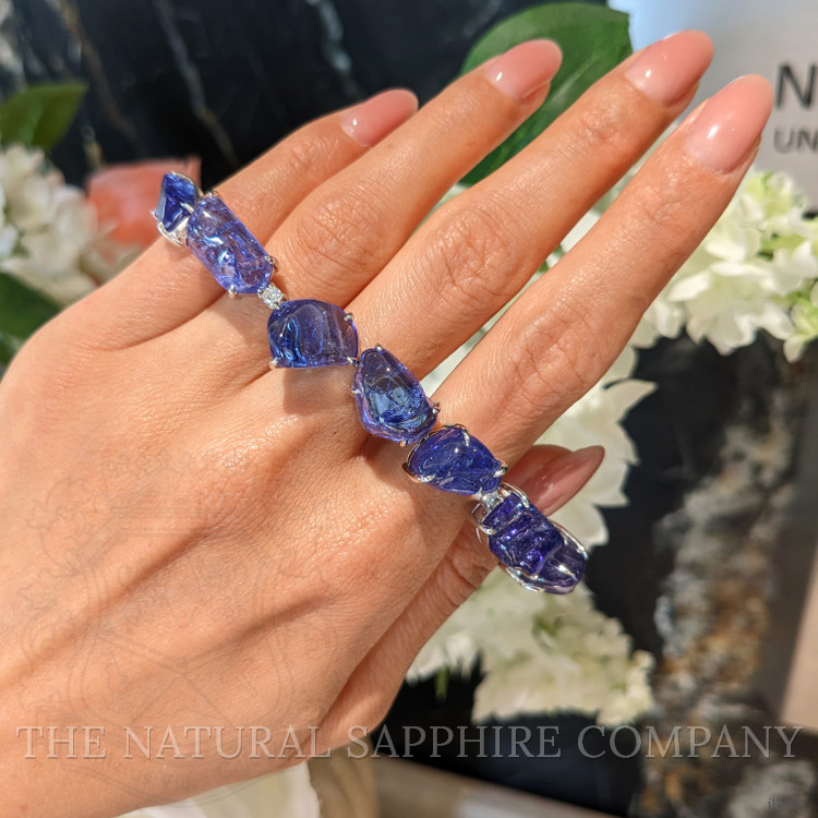 108.83 Ct.Tw. Violetish Blue Tanzanite and Natural Diamond Accent Stones Bracelet, 18K White Gold