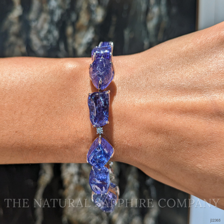 108.83 Ct.Tw. Violetish Blue Tanzanite and Natural Diamond Accent Stones Bracelet, 18K White Gold