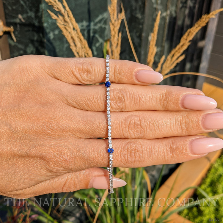 0.71 Ct.Tw. Blue Sapphire and Natural Diamond Pave Bracelet, 14K White Gold