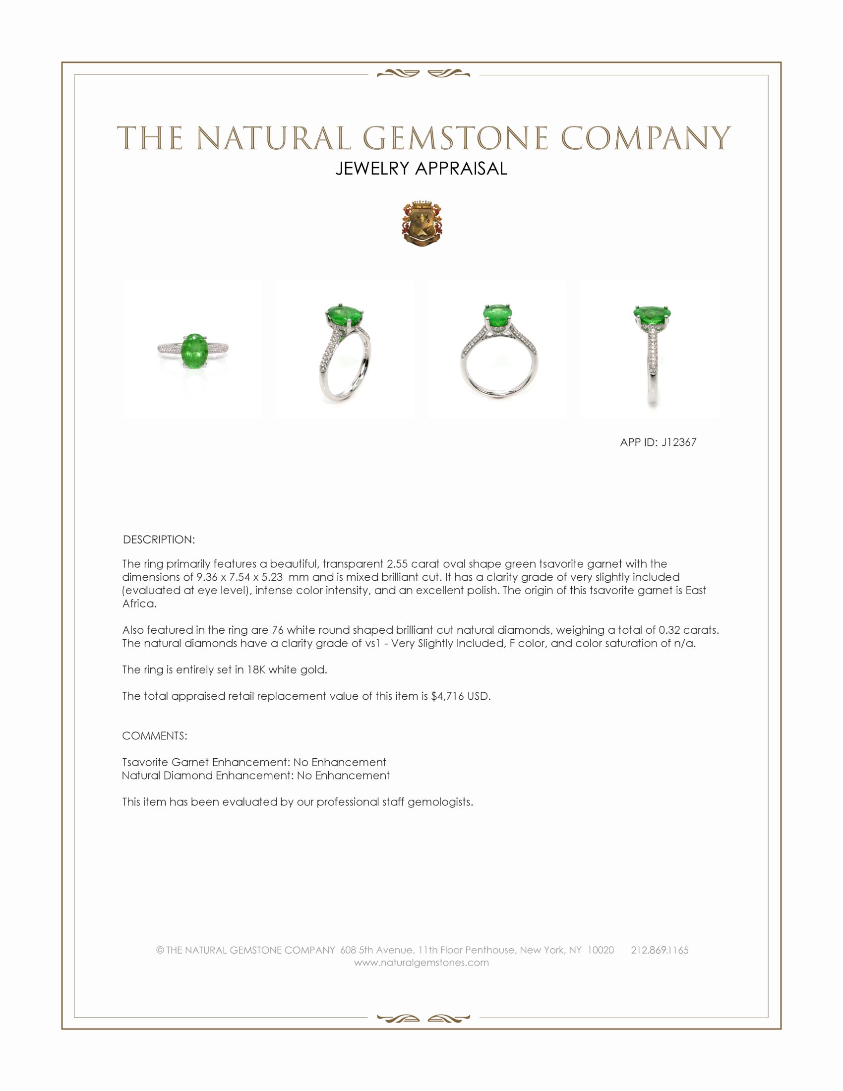 2.55 Ct. Tsavorite Garnet and Natural Diamond Pave Ring, 18K White Gold