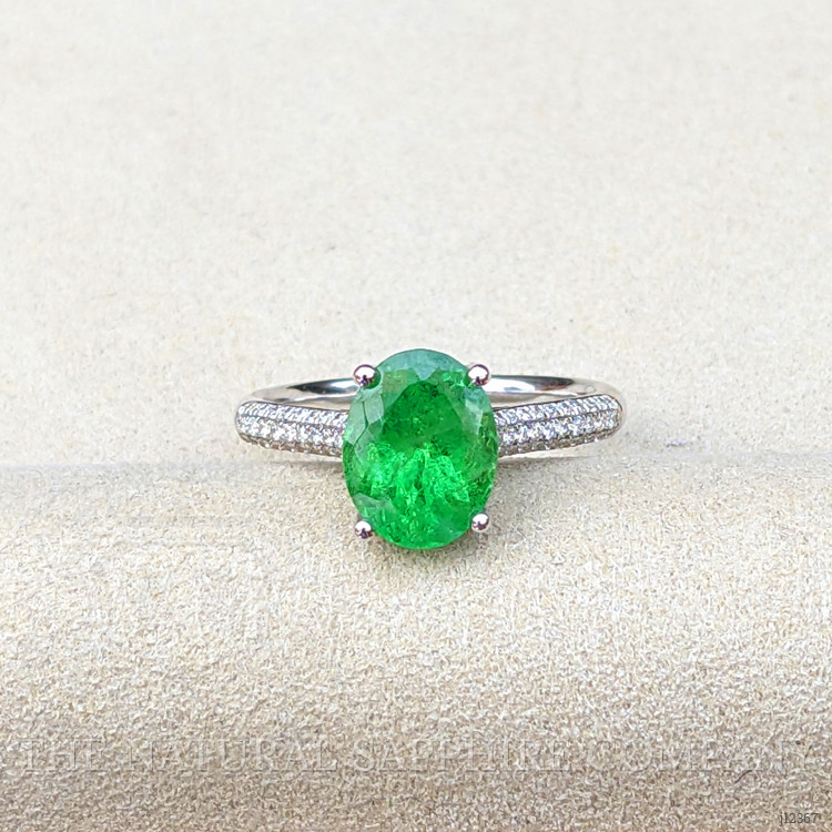 2.55 Ct. Tsavorite Garnet and Natural Diamond Pave Ring, 18K White Gold