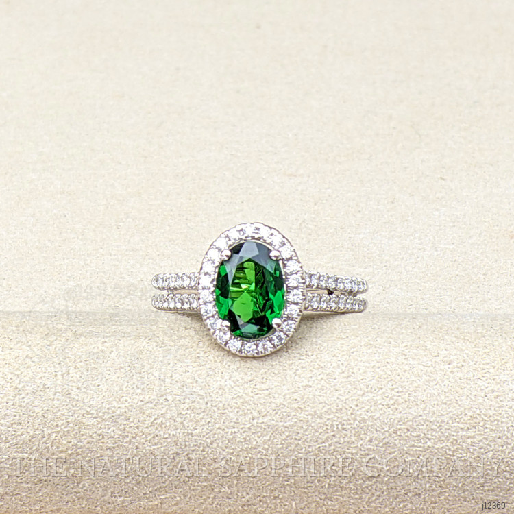 1.33 Ct. Tsavorite Garnet and Natural Diamond Pave Ring, 18K White Gold