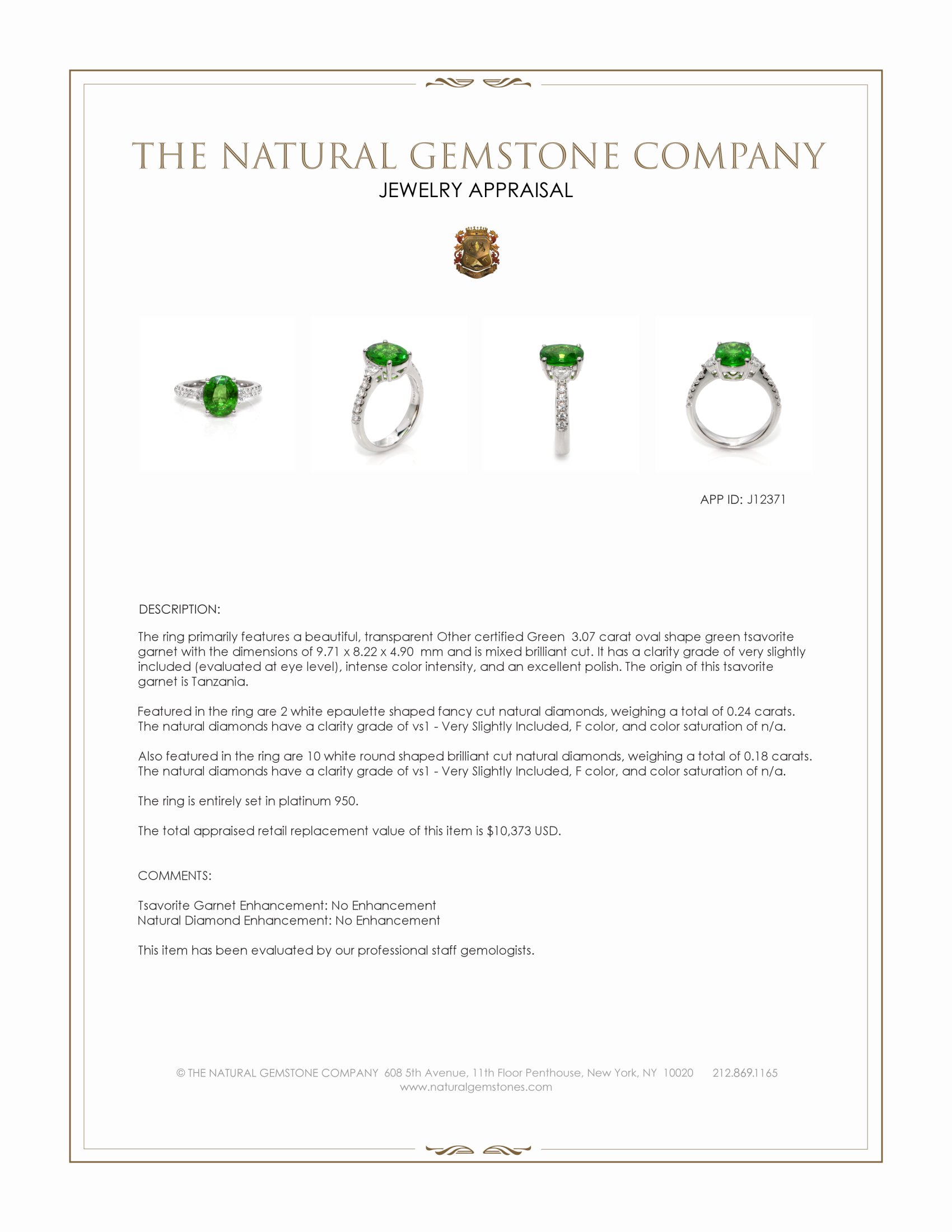 3.07 Ct. Tsavorite Garnet and Natural Diamond Pave Ring, Platinum 950
