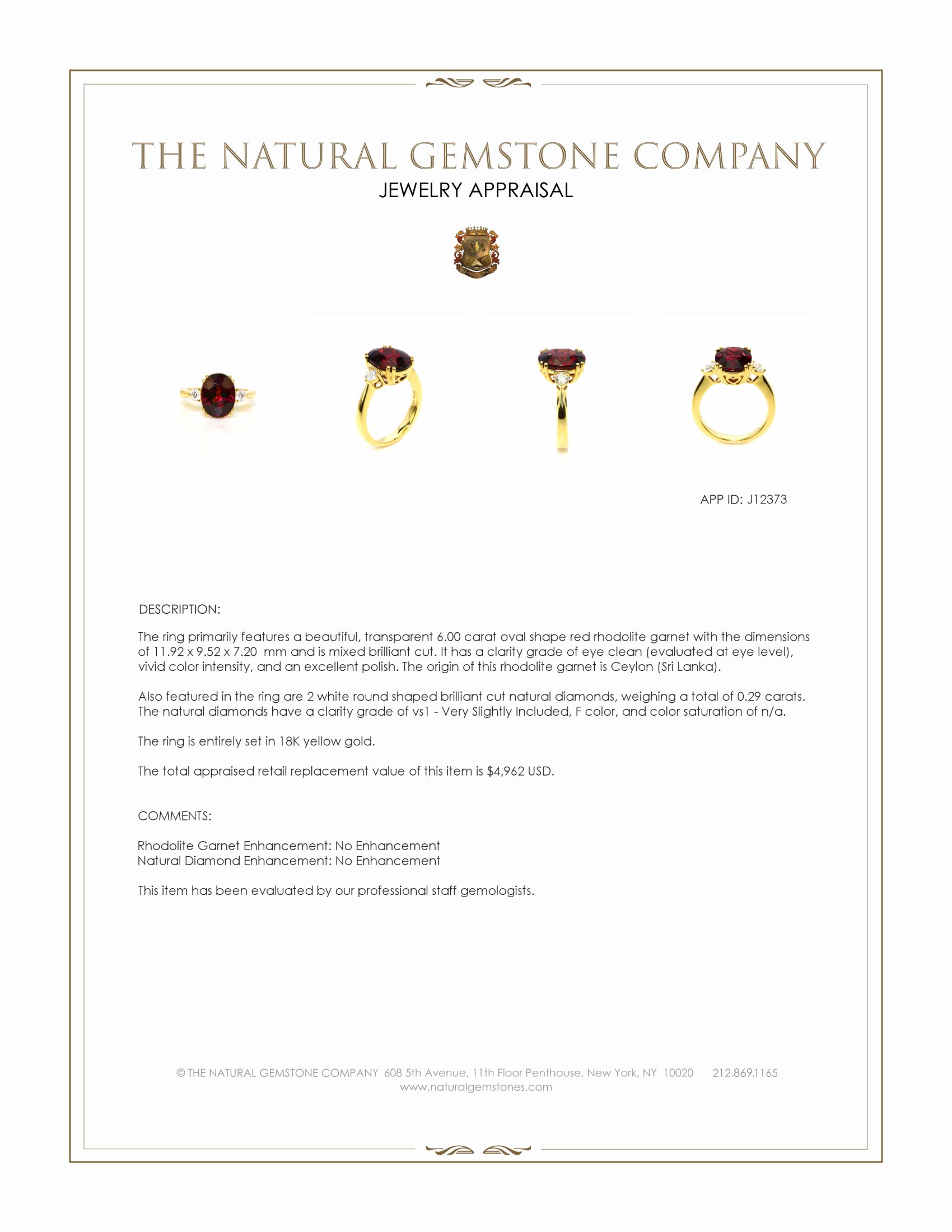 6.00 Ct. Red Rhodolite Garnet and Natural Diamond Three Stone Ring, 18K Yellow Gold