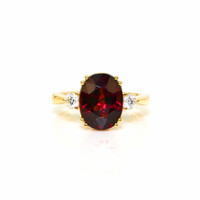 6.00 Ct. Red Rhodolite Garnet and Natural Diamond Three Stone Ring, 18K Yellow Gold Video