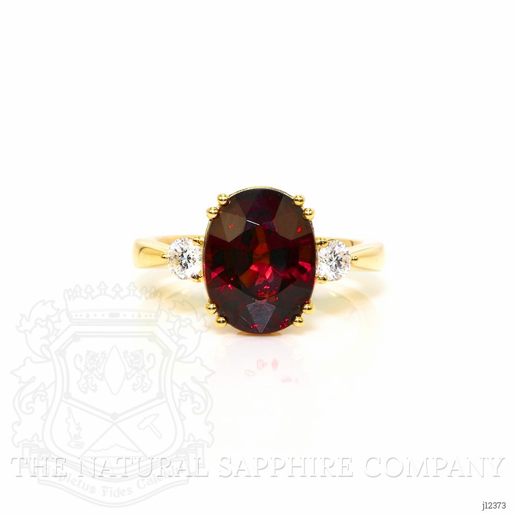 6.00 Ct. Red Rhodolite Garnet and Natural Diamond Three Stone Ring, 18K Yellow Gold