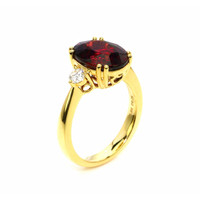 6.00 Ct. Red Rhodolite Garnet and Natural Diamond Three Stone Ring, 18K Yellow Gold Image