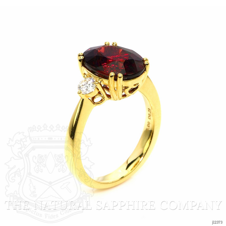 6.00 Ct. Red Rhodolite Garnet and Natural Diamond Three Stone Ring, 18K Yellow Gold