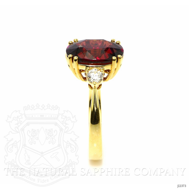 6.00 Ct. Red Rhodolite Garnet and Natural Diamond Three Stone Ring, 18K Yellow Gold