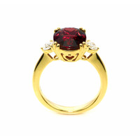 6.00 Ct. Red Rhodolite Garnet and Natural Diamond Three Stone Ring, 18K Yellow Gold Image