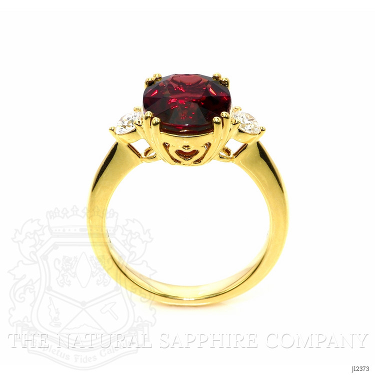 6.00 Ct. Red Rhodolite Garnet and Natural Diamond Three Stone Ring, 18K Yellow Gold