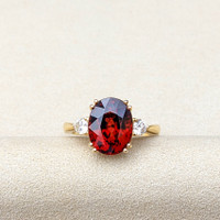 6.00 Ct. Red Rhodolite Garnet and Natural Diamond Three Stone Ring, 18K Yellow Gold Life Style
