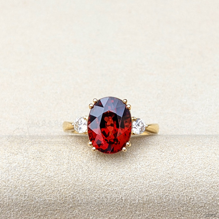 6.00 Ct. Red Rhodolite Garnet and Natural Diamond Three Stone Ring, 18K Yellow Gold