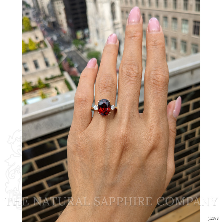 6.00 Ct. Red Rhodolite Garnet and Natural Diamond Three Stone Ring, 18K Yellow Gold