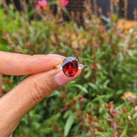 6.00 Ct. Red Rhodolite Garnet and Natural Diamond Three Stone Ring, 18K Yellow Gold Life Style