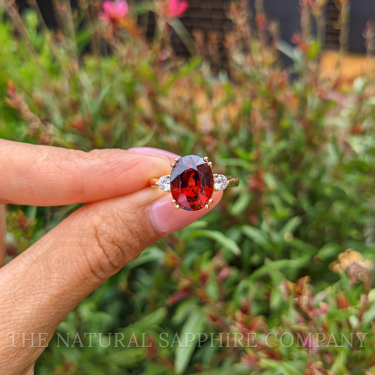 6.00 Ct. Red Rhodolite Garnet and Natural Diamond Three Stone Ring, 18K Yellow Gold