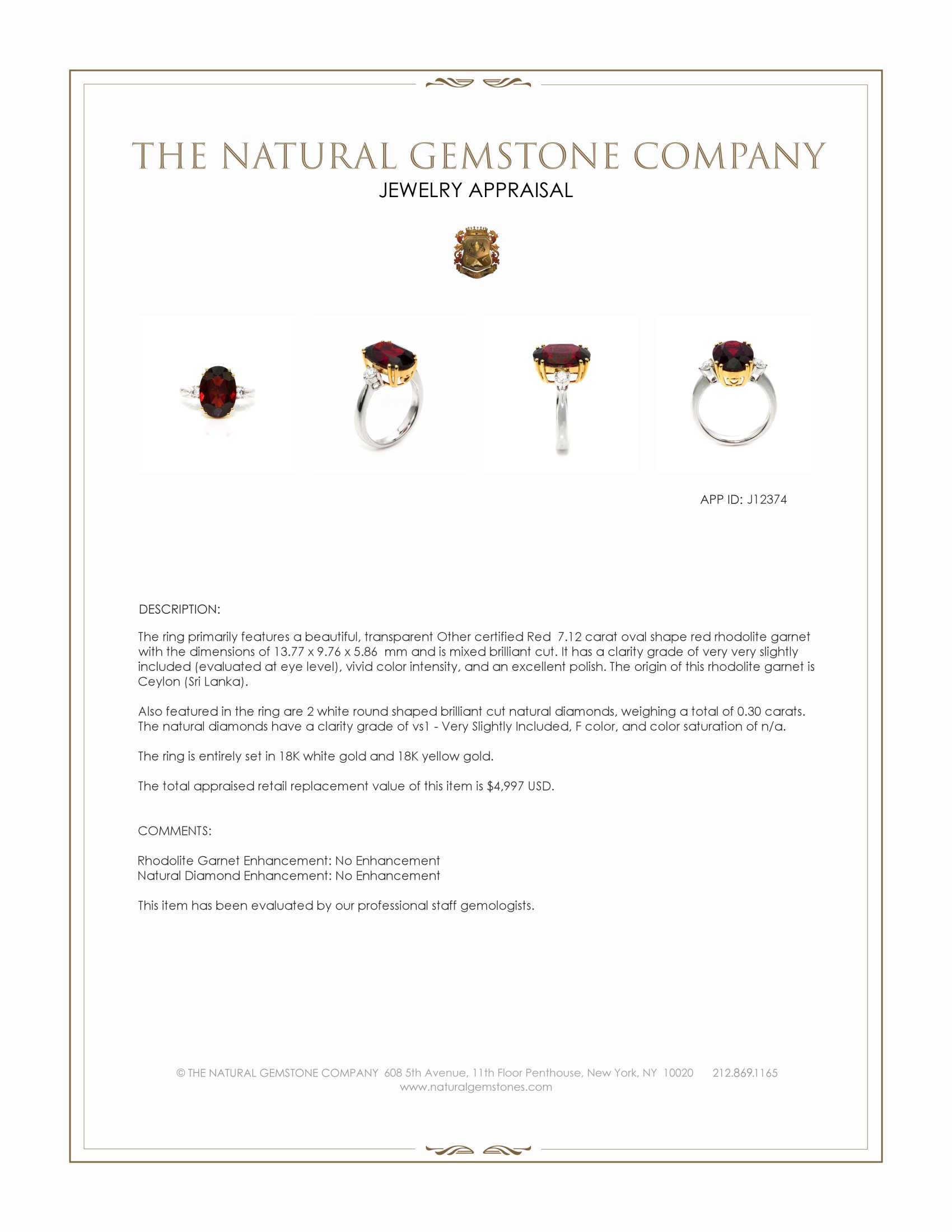 7.12 Ct. Red Rhodolite Garnet and Natural Diamond Three Stone Ring, 18K White & Yellow