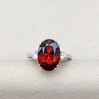 7.12 Ct. Red Rhodolite Garnet and Natural Diamond Three Stone Ring, 18K White & Yellow Life Style