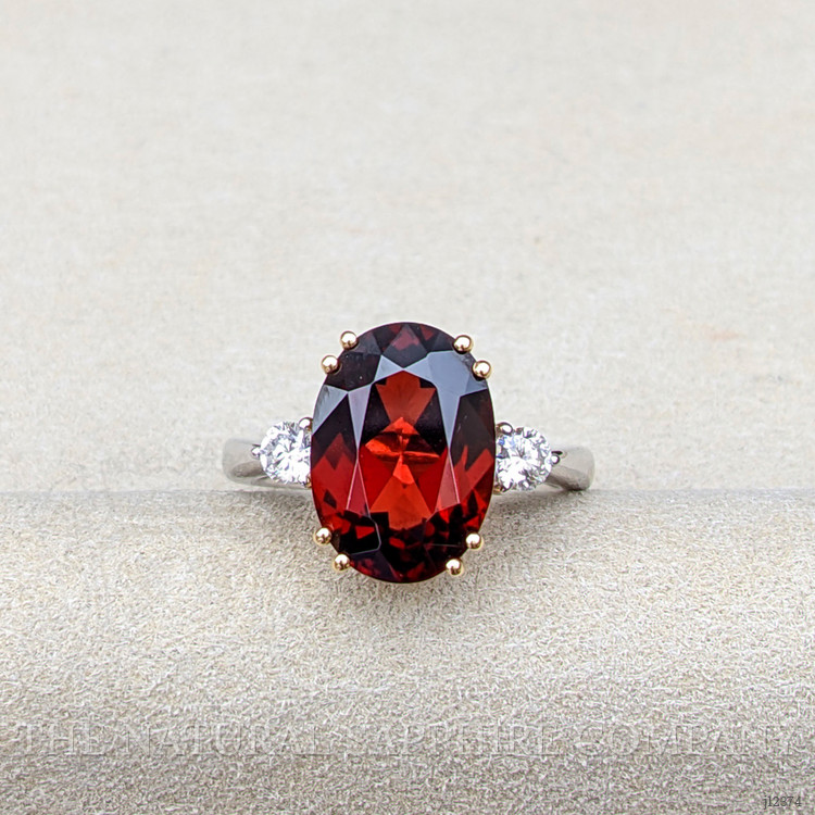 7.12 Ct. Red Rhodolite Garnet and Natural Diamond Three Stone Ring, 18K White & Yellow