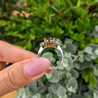 7.12 Ct. Red Rhodolite Garnet and Natural Diamond Three Stone Ring, 18K White & Yellow Life Style