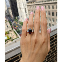 7.12 Ct. Red Rhodolite Garnet and Natural Diamond Three Stone Ring, 18K White & Yellow Life Style