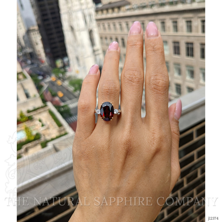 7.12 Ct. Red Rhodolite Garnet and Natural Diamond Three Stone Ring, 18K White & Yellow