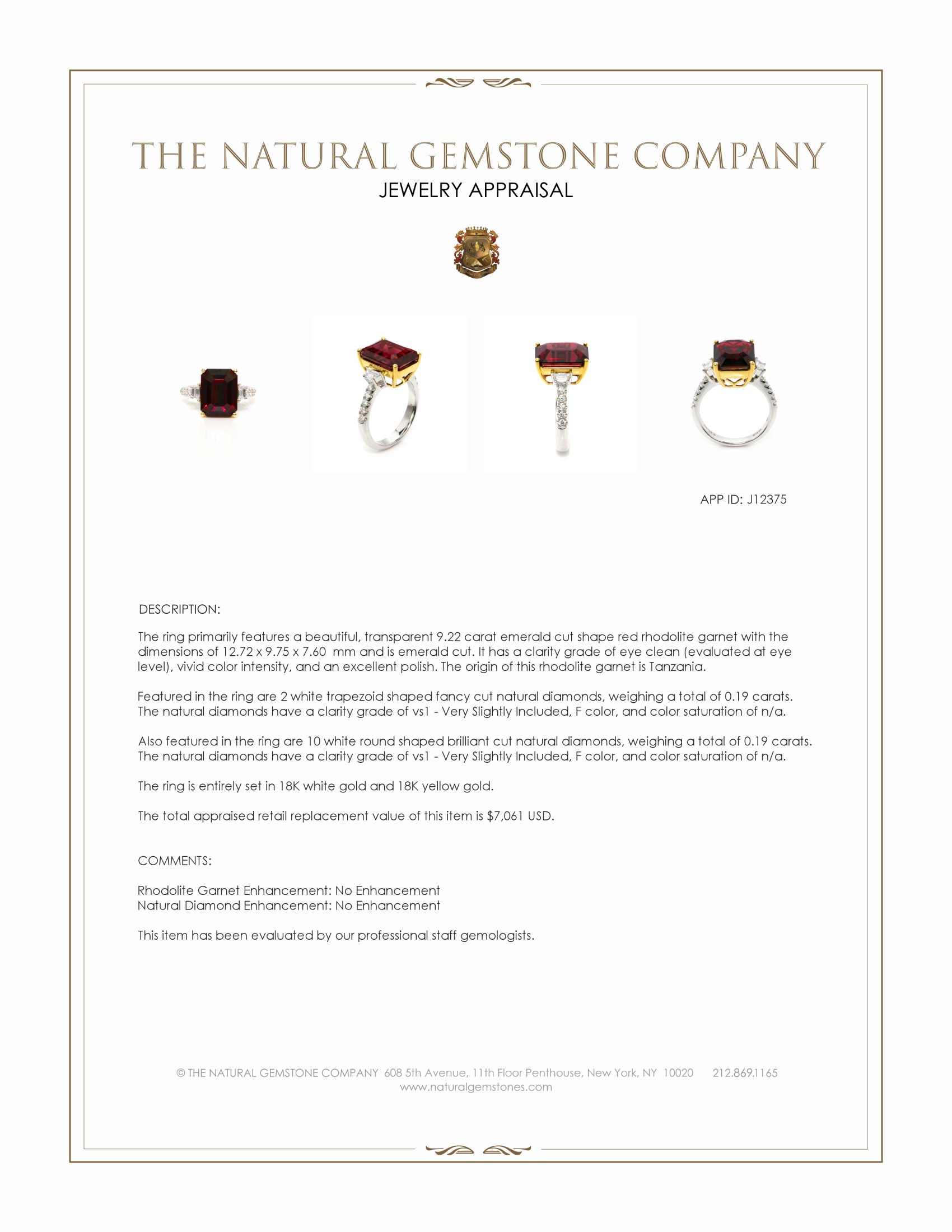9.22 Ct. Red Rhodolite Garnet and Natural Diamond Three Stone Ring, 18K White & Yellow
