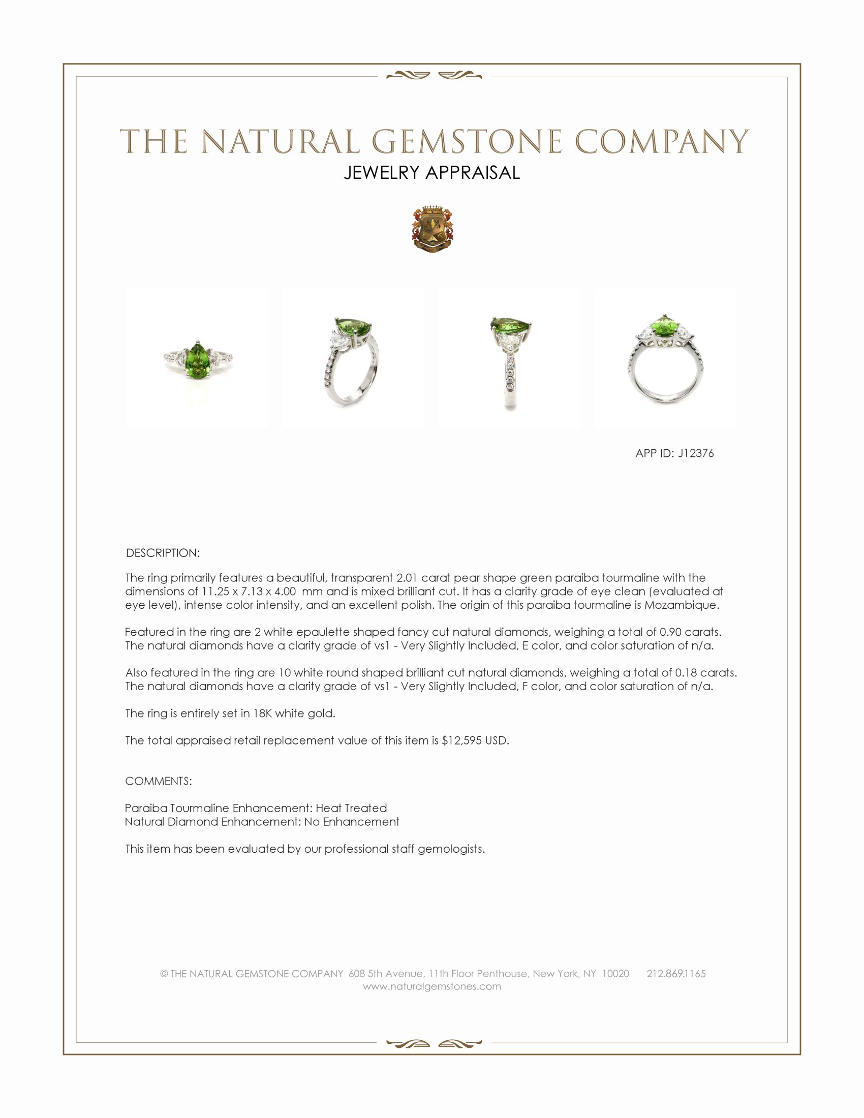 2.01 Ct. Green Paraiba Tourmaline and Natural Diamond Three Stone Ring, 18K White Gold