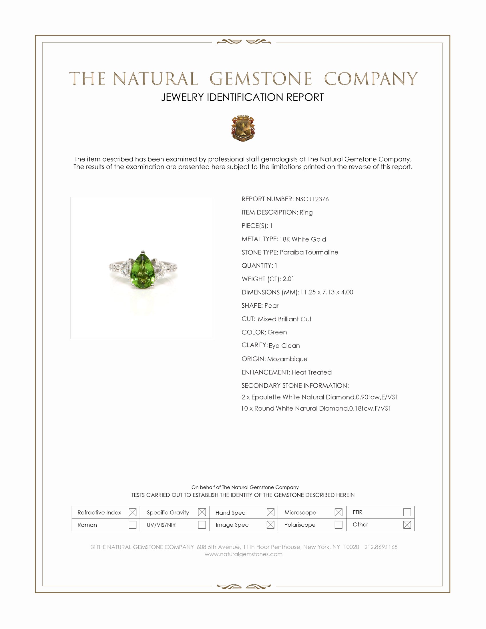 2.01 Ct. Green Paraiba Tourmaline and Natural Diamond Three Stone Ring, 18K White Gold