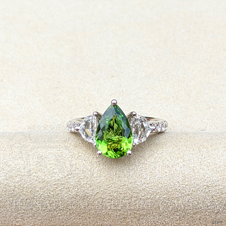 2.01 Ct. Green Paraiba Tourmaline and Natural Diamond Three Stone Ring, 18K White Gold