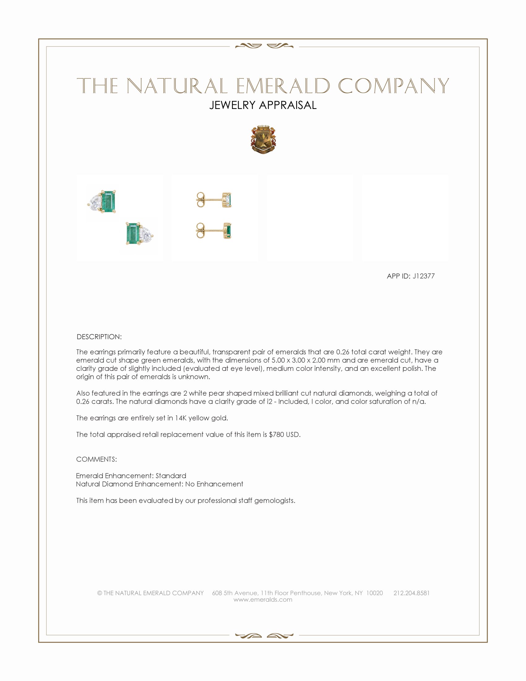0.26 Ct.Tw. Emerald and Natural Diamond Studs Earrings, 14K Yellow Gold
