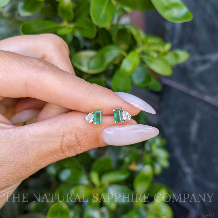 0.26 Ct.Tw. Emerald and Natural Diamond Studs Earrings, 14K Yellow Gold