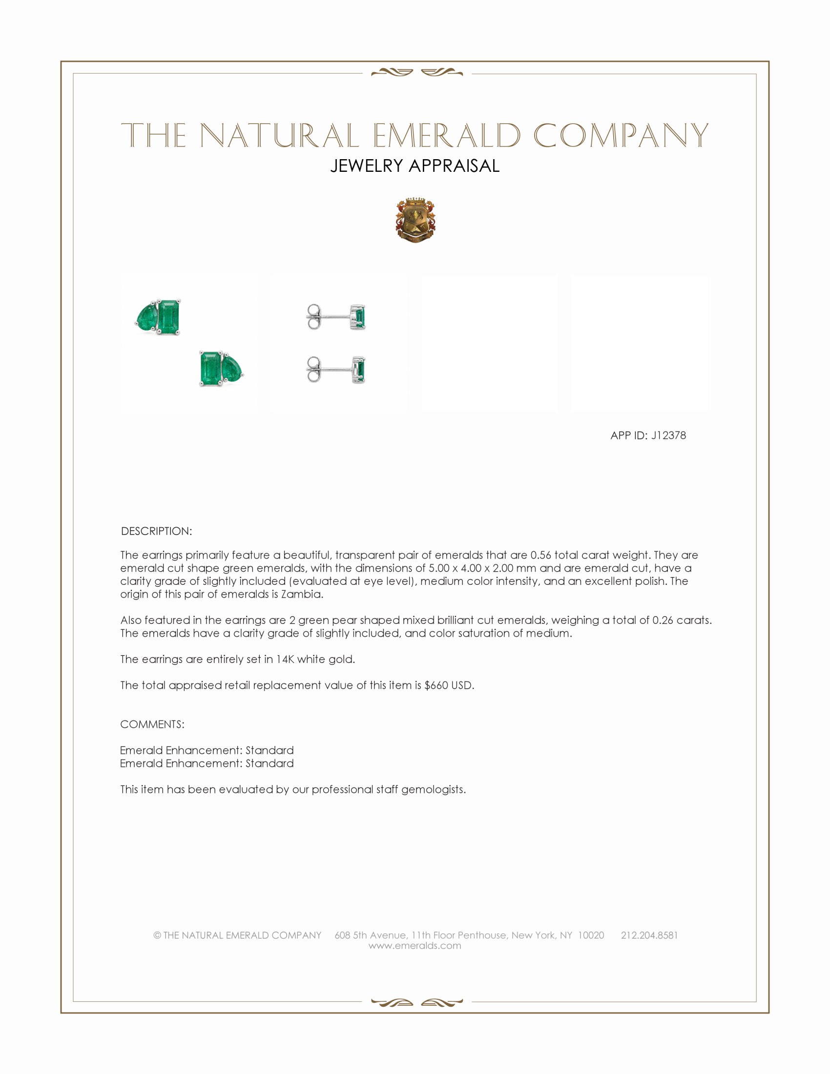0.56 Ct.Tw. Emerald Studs Earrings, 14K White Gold