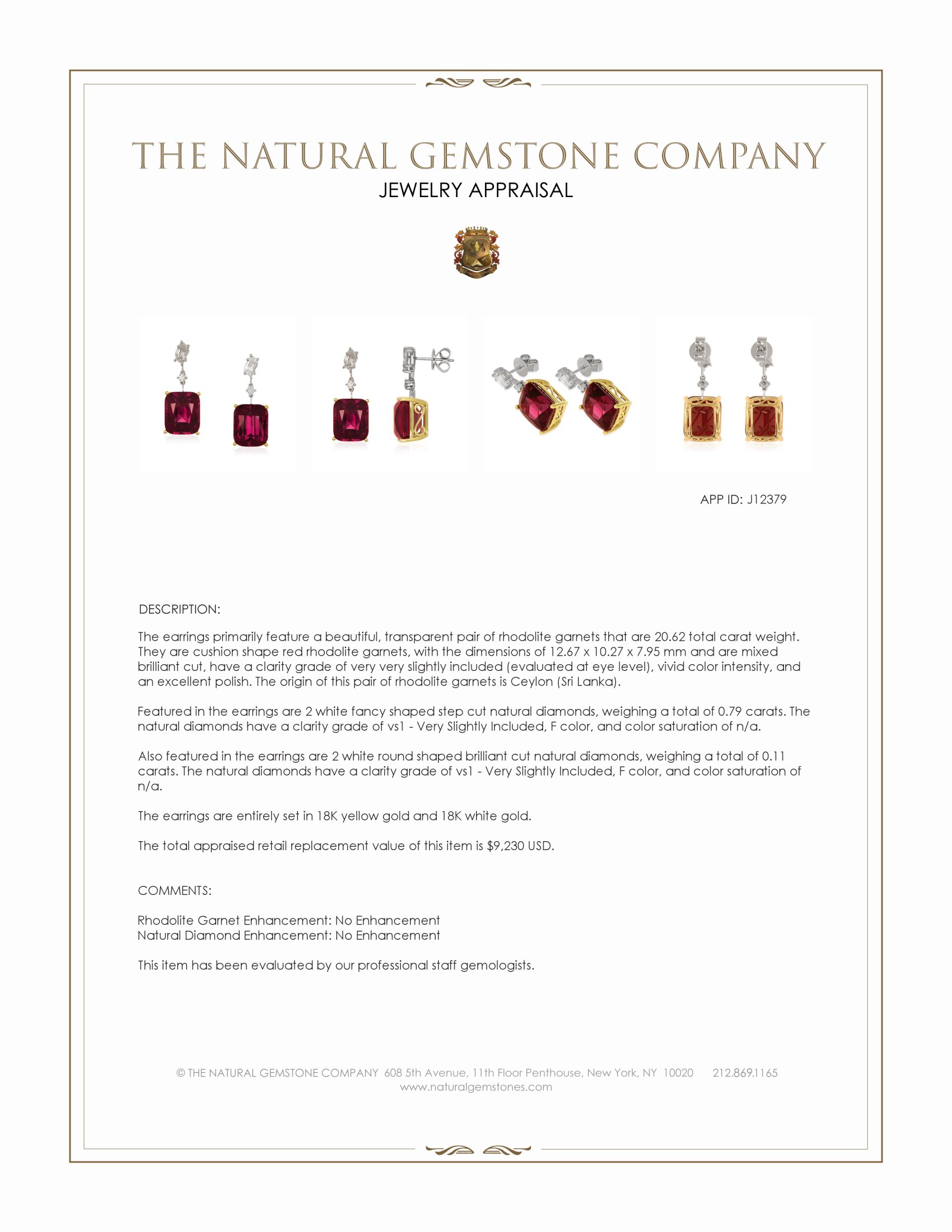 20.62 Ct.Tw. Red Rhodolite Garnet and Natural Diamond Accent Stones Earrings, 18K Yellow & White