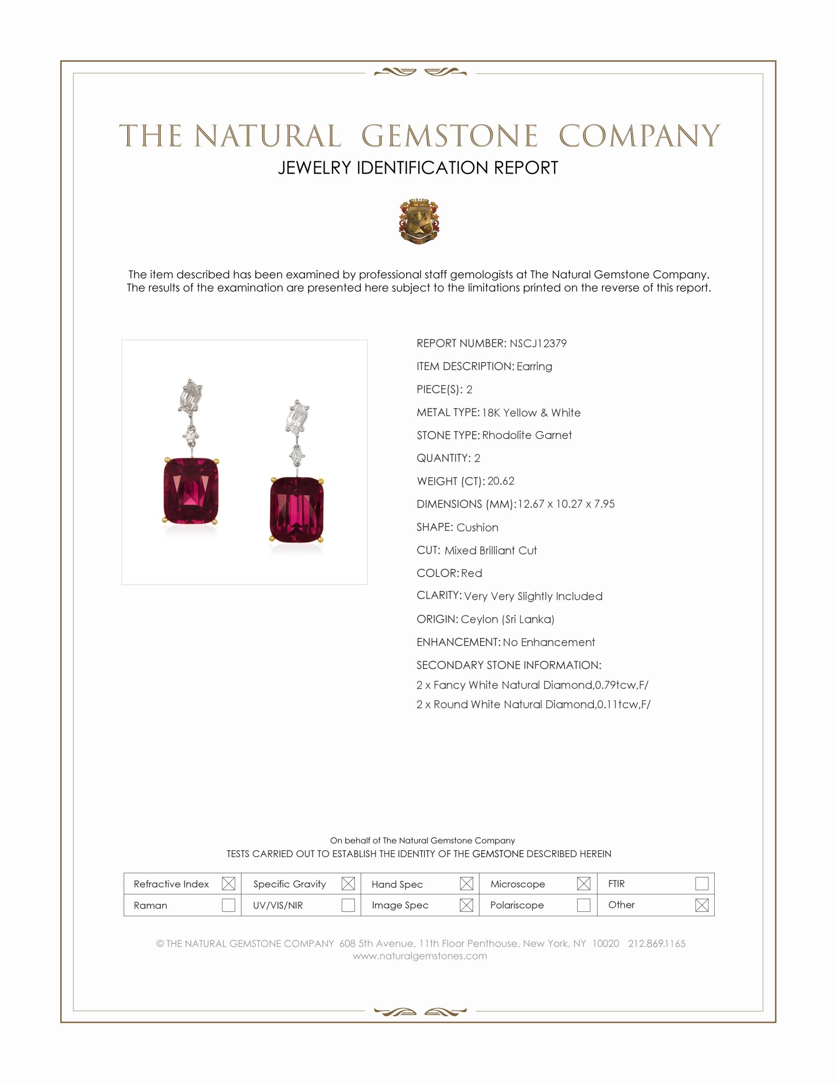 20.62 Ct.Tw. Red Rhodolite Garnet and Natural Diamond Accent Stones Earrings, 18K Yellow & White
