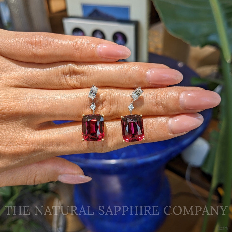 20.62 Ct.Tw. Red Rhodolite Garnet and Natural Diamond Accent Stones Earrings, 18K Yellow & White