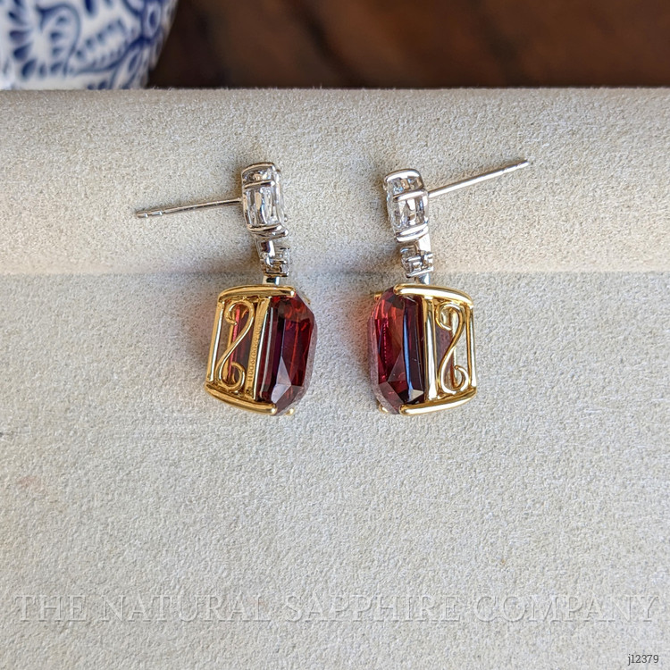 20.62 Ct.Tw. Red Rhodolite Garnet and Natural Diamond Accent Stones Earrings, 18K Yellow & White