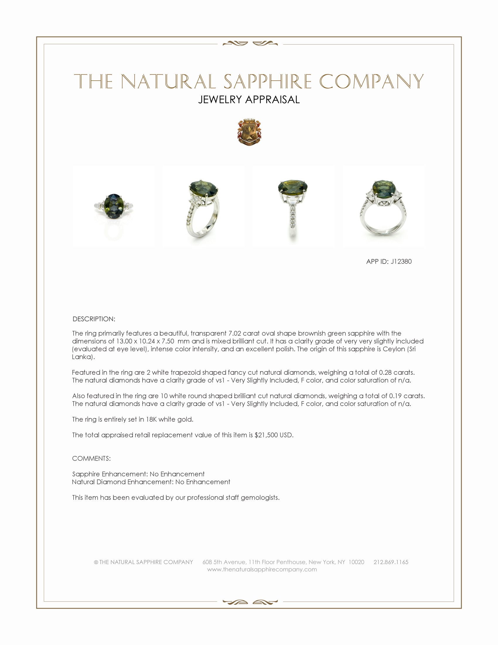 7.02 Ct. Brownish Green Sapphire and Natural Diamond Three Stone Ring, 18K White Gold