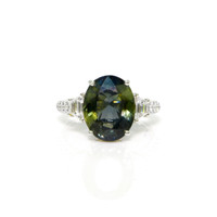 7.02 Ct. Brownish Green Sapphire and Natural Diamond Three Stone Ring, 18K White Gold Video