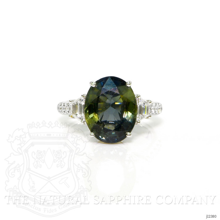 7.02 Ct. Brownish Green Sapphire and Natural Diamond Three Stone Ring, 18K White Gold