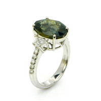 7.02 Ct. Brownish Green Sapphire and Natural Diamond Three Stone Ring, 18K White Gold Image