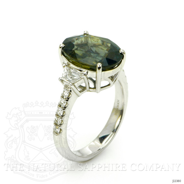 7.02 Ct. Brownish Green Sapphire and Natural Diamond Three Stone Ring, 18K White Gold