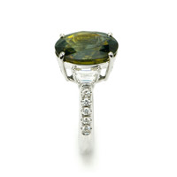 7.02 Ct. Brownish Green Sapphire and Natural Diamond Three Stone Ring, 18K White Gold Image