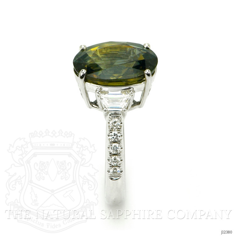 7.02 Ct. Brownish Green Sapphire and Natural Diamond Three Stone Ring, 18K White Gold