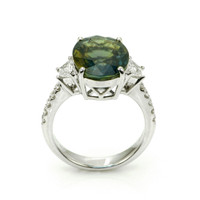 7.02 Ct. Brownish Green Sapphire and Natural Diamond Three Stone Ring, 18K White Gold Image