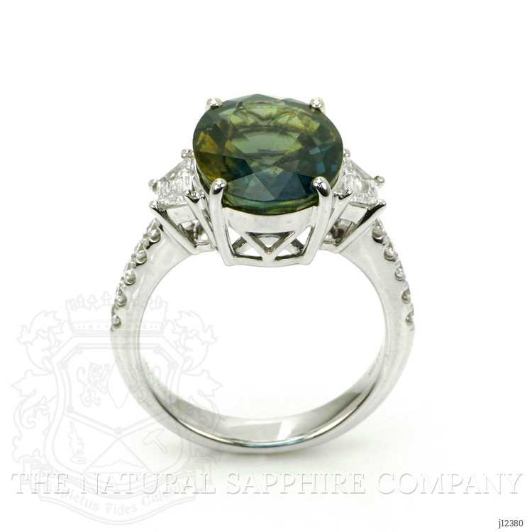 7.02 Ct. Brownish Green Sapphire and Natural Diamond Three Stone Ring, 18K White Gold