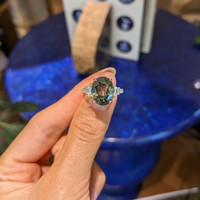 7.02 Ct. Brownish Green Sapphire and Natural Diamond Three Stone Ring, 18K White Gold Life Style