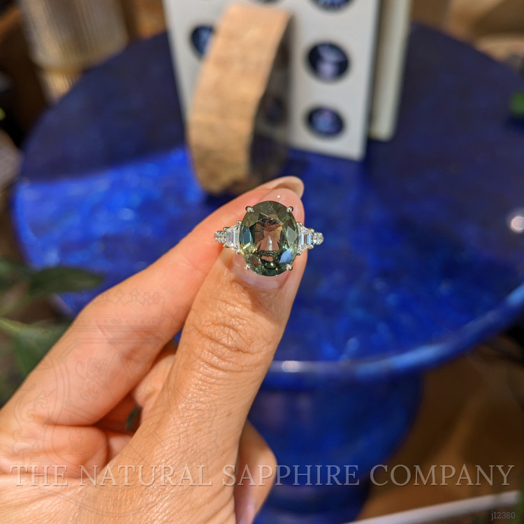 7.02 Ct. Brownish Green Sapphire and Natural Diamond Three Stone Ring, 18K White Gold