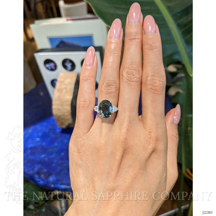 7.02 Ct. Brownish Green Sapphire and Natural Diamond Three Stone Ring, 18K White Gold